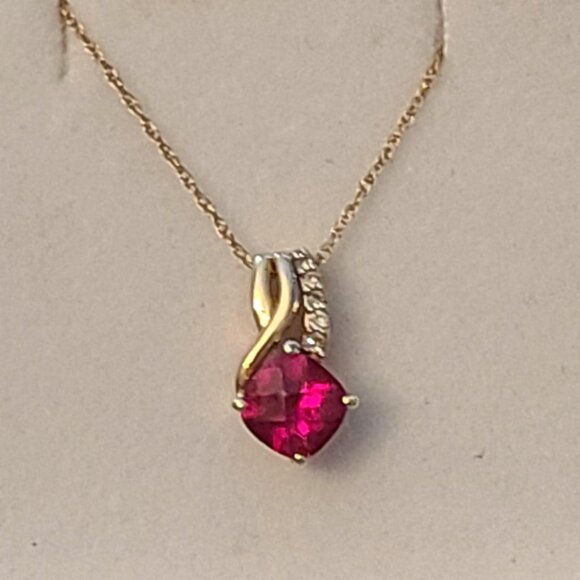10k Heart Shaped Cultured Ruby Pendant with CZ Accents - Picture 2 of 10